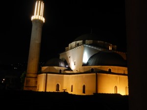 The Bey Mosque from our hotel window, at night 