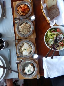 Entree sampling plate - various types of goulash and ravioli in sauces of sour cream and yoghurt 
