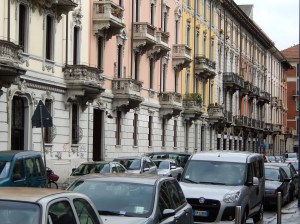 A close up of the facades of apartments near Milan railway station