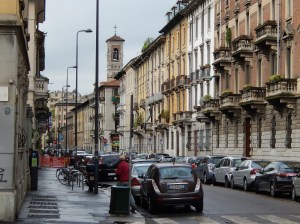 Street scene around Milan railway on a rainy morning