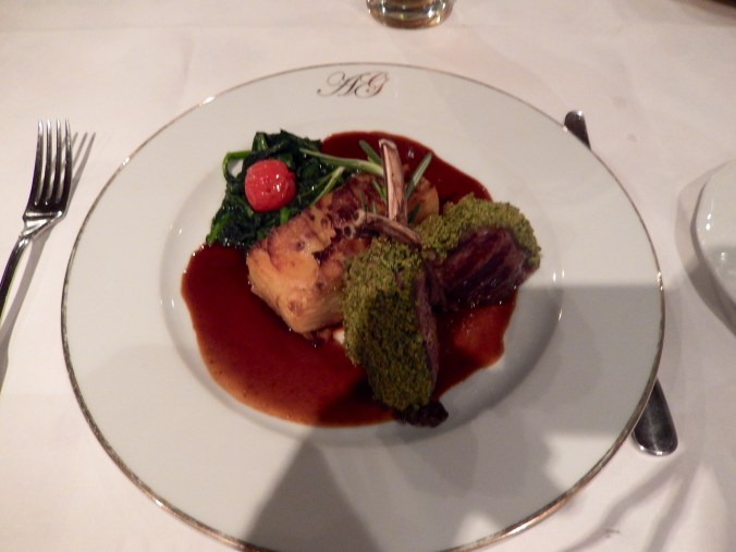Rack of Lamb with nice green sauce which we can't remember what it was made of