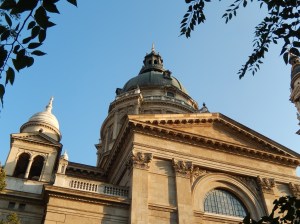 An angle of St Stephens Cathedral silhouetted against a cloudless sky