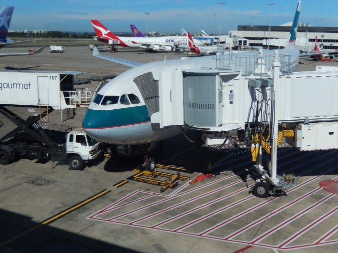 Waiting to board our Cathay Pacific flight from Sydney to Hong Kong on 10th September. Note the Flying Kangaroo tail fins of Qantas in the background. We were lucky enough to fly Premium Economy on Cathay, but unfortunately couldn't justify the extra expense of using Australia's National Carrier.