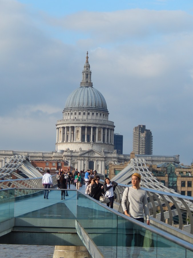 An unusual view of London St Paul's Cathedral as we walked across the Millenium Bridge