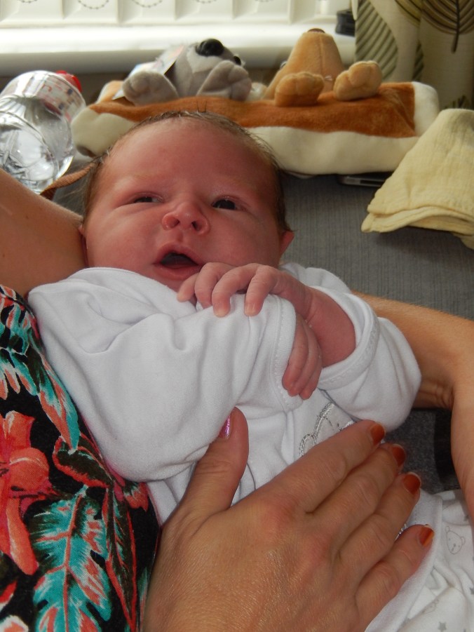 Meet one week old Hudson, born in England as we were arriving at Heathrow. He is the first child to our "almost" grand-daughter, S, who stayed in Australia with us regularly in her back-packing days. She'd emailed us the night before our arrival to advise not to visit her immediately as she was feeling a "bit off". I had responded that it "would be nothing a Tim-Tam couldn't fix." The next day S had 9lb3oz worth of baby son, and we turned up a few days later with six packets of the Australian chocolate coated biscuit which is  a favourite comfort food of hers. 