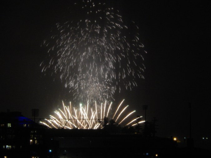 Fireworks in a hazy rain