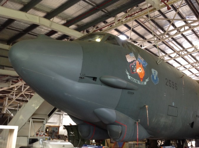 B-52 G Stratofortress 92596 "Darwin's Pride" - well, the little bit of it that I could fit in this photo anyway. Its Wingspan is 56 metres (185′) and its Length 52 metres (160′ 10″). There is more information and a better photo here: http://www.darwinsairwar.com.au/b-52-g/