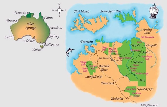 Map demonstrating Kakadu National Park in relation to Darwin and the top end of Northern Territory